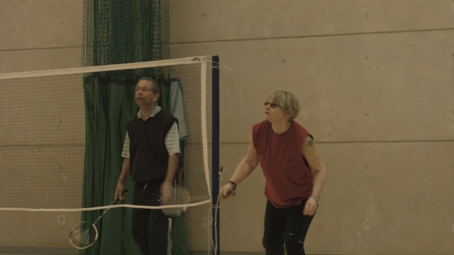 Video Reference: girl, fun, net, sports, flooring, Person