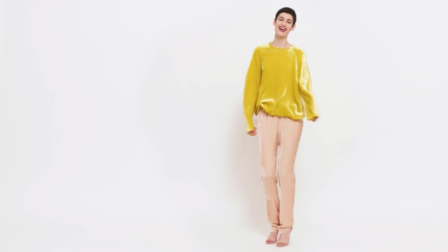 Video Reference: clothing, yellow, fashion model, shoulder, joint, sleeve, neck, top, blouse, fashion design, Person
