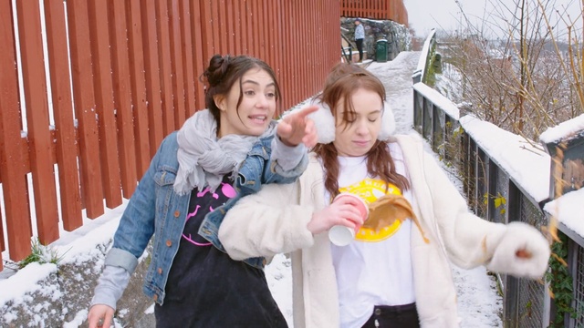 Video Reference: people, winter, fun, girl, snow, event, child, recreation, smile, tree, Person