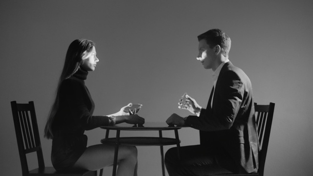 Video Reference: black, photograph, black and white, sitting, photography, monochrome photography, conversation, communication, monochrome, darkness