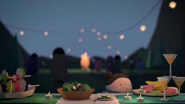 Video Reference: Sky, Table, Restaurant, Night, Screenshot, Games, Person, Indoor, Computer, Sitting, Flower, Laptop, Front, Desk, Vase, Set, Small, Woman, Decorated, Dining, Topped, Food, Glasses, Room, Cake, Keyboard, Filled, Green, Umbrella, White, Man, Plate, Display, Pink, Holding, Bowl, Standing, Blue, Cartoon