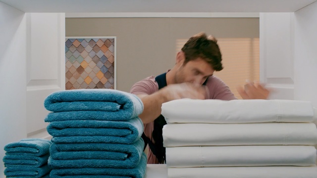 Video Reference: Furniture, Room, Comfort, Linens, Textile, Towel, Interior design, Couch, Leisure, Sitting, Person