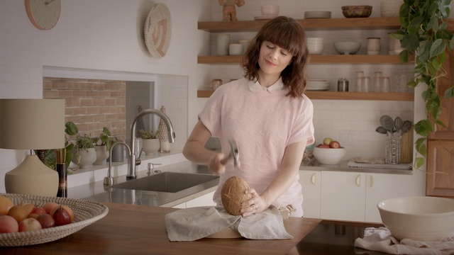 Video Reference: cook, room, cuisine, food, furniture, interior design, homemaker, baking, kitchen, table, Person