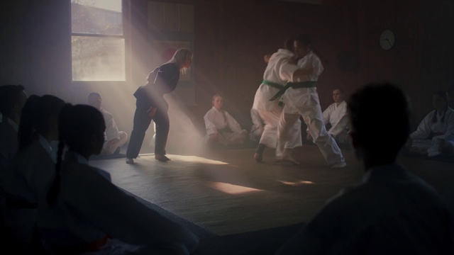 Video Reference: Performance art, Karate, Event, Black belt, Individual sports, Contact sport, Shorinji kempo, Performance, Scene, Stage, Person, Man, Standing, Room, Woman, Holding, People, Riding, Young, Walking, Table, Boy, Group, Playing, Dog, White, Board, Street, Dance, Clothing, Footwear