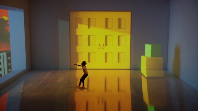 Video Reference: Yellow, Wall, Art, Modern art, Visual arts, Architecture, Room, Line, Shadow, Floor