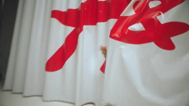 Video Reference: White, Red, Curtain, Textile, Interior design, Flag, Window treatment, Window, Interior design