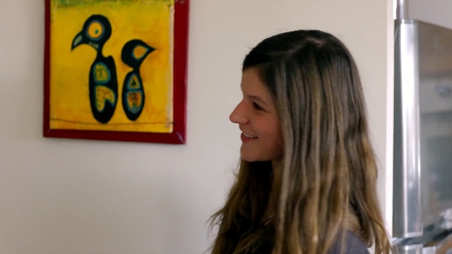 Video Reference: exhibition, art exhibition, modern art, art, art gallery, smile, girl, painting, brown hair, Person