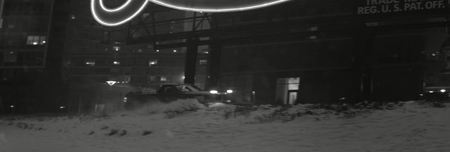 Video Reference: snow, black, black and white, night, mode of transport, urban area, light, snapshot, monochrome photography, photography