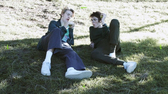 Video Reference: clothing, grass, plant, sitting, tree, girl, fun, recreation, Person