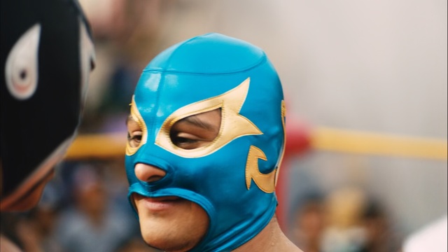Video Reference: blue, face, mask, headgear, fun, masque, Person