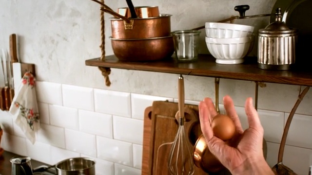 Video Reference: Copper, Shelf, Room, Kitchen, Tile, Countertop, Interior design, Hand, Metal, Furniture, Person