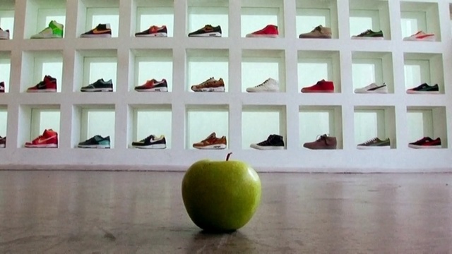 Video Reference: shelf, floor, furniture, shelving, flooring, Person