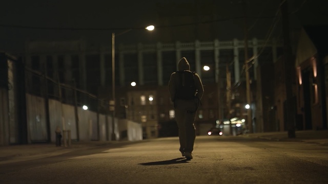 Video Reference: night, infrastructure, darkness, urban area, light, lighting, street light, atmosphere, street, city, Person