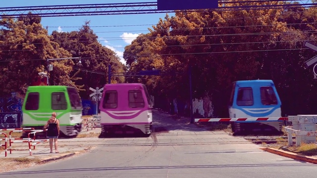 Video Reference: Transport, Sky, Mode of transport, Vehicle, Pink, Tree, Home, Public transport, Cable car, House