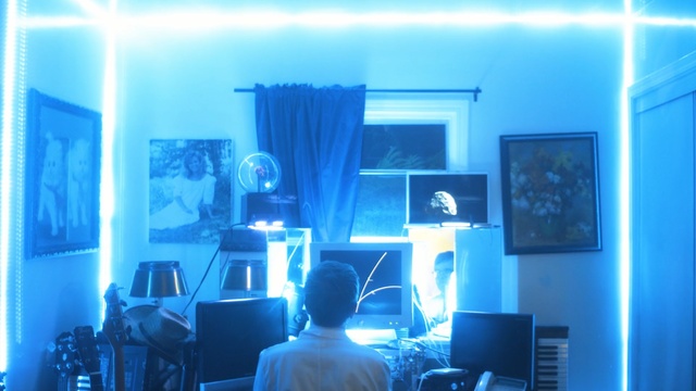 Video Reference: blue, room, technology, light, lighting, display device, electronic device, interior design