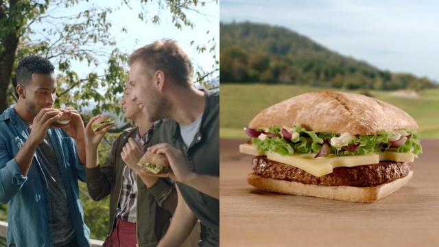Video Reference: sandwich, bread, lettuce, cheese, lunch, tomato, meal, food, snack, meat, bun, hamburger, dinner, vegetable, fast, cheeseburger, delicious, burger, healthy, fresh, salad, Person