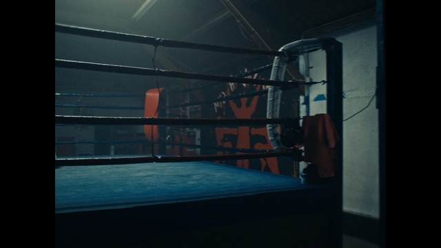Video Reference: blue, boxing ring, structure, room, sport venue, light, boxing equipment, darkness, boxing