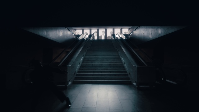 Video Reference: Black, Stairs, Darkness, Light, Black-and-white, Architecture, Monochrome, Snapshot, Escalator, Monochrome photography