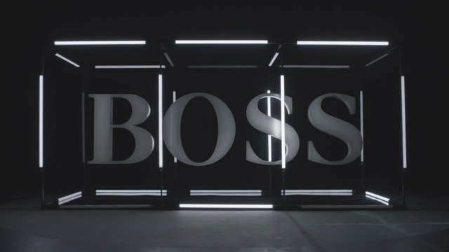 Video Reference: BOSS, text, logo, typography, studio, dark background, light bars, neon, metallic letters, geometric frame, minimalist, advertisement