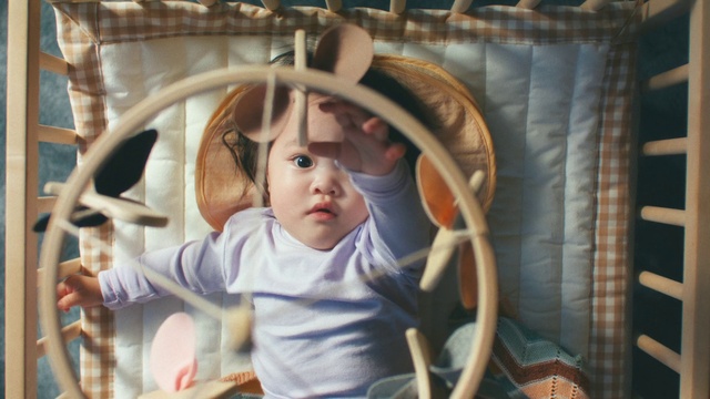 Video Reference: Cheek, Eye, Baby carriage, Iris, Comfort, Headgear, Baby, Toddler, Happy, Wood