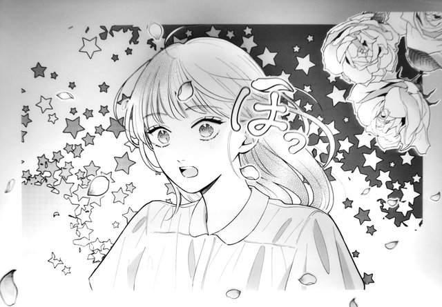Video Reference: manga, anime, girl, portrait, stars, petals, black and white, illustration, line art, Japanese text, cute, fantasy, close-up, flowers, decorative, comic