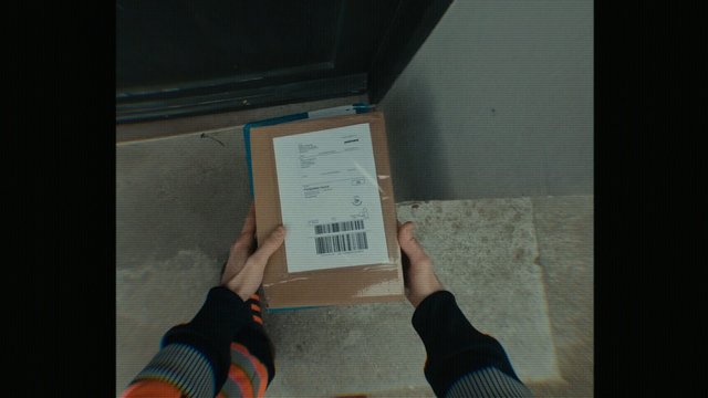 Video Reference: package, parcel, shipping box, label, barcode, hands, doorway, concrete floor, delivery, unboxing, cardboard, top view