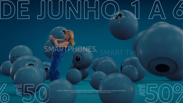 Video Reference: woman, blue background, promo, advertisement, text overlay, spheres, studio, modern, commercial, pricing, abstract, video frame, blonde, blue outfit, retail, graphics
