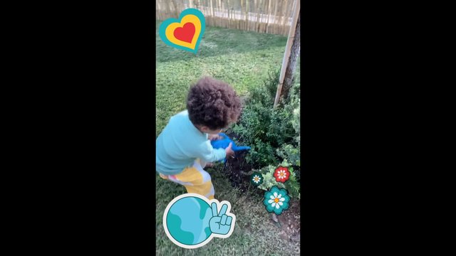 Video Reference: child, watering can, garden, backyard, grass, bush, plant care, outdoor, toddler, sprinkling, home garden, daylight, sticker overlay, vertical video