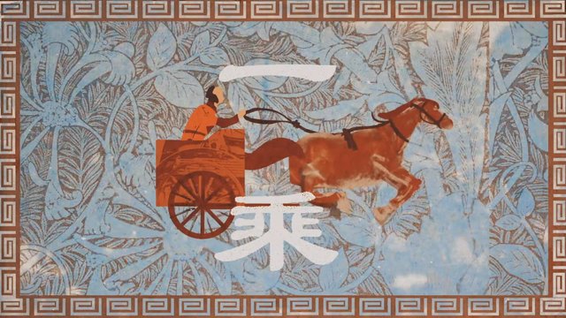 Video Reference: horse, cart, rider, illustration, Chinese text, patterned background, floral, traditional, transport, animated, equine, vehicle, poster, decorative, wallpaper, symbol
