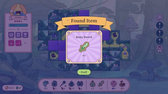 Video Reference: video game, game UI, fantasy, reward popup, item found, rusty sword, tile map, inventory, cartoon, 2D graphics, dialog box, quest screen, magic, adventure, popup, interface