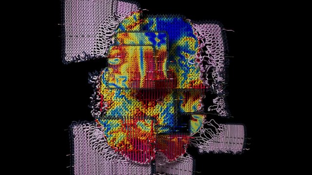 Video Reference: abstract, textile, woven, knitted, fabric, colorful, pattern, artwork, texture, layered, black background, craft, installation, multicolor, close-up