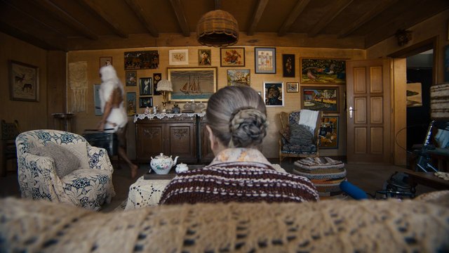 Video Reference: living room, rustic interior, wooden walls, framed art, crocheted furniture, tea set, armchair, person seated, person walking, suitcase, home decor, vintage style, indoor scene, cabinet, wicker chair
