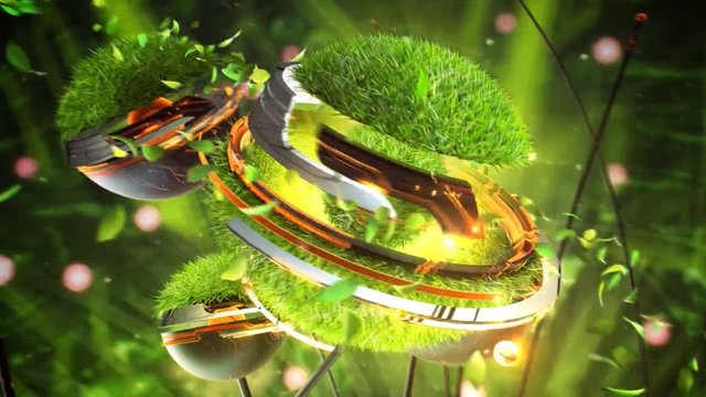 Video Reference: abstract, 3d render, metallic rings, green grass, glow, leaves, nature, futuristic, motion, bokeh, green background, digital art