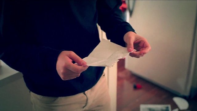 Video Reference: person, hands, paper, torn paper, indoor, close-up, document, damage, holding, room, waist-up, simple background