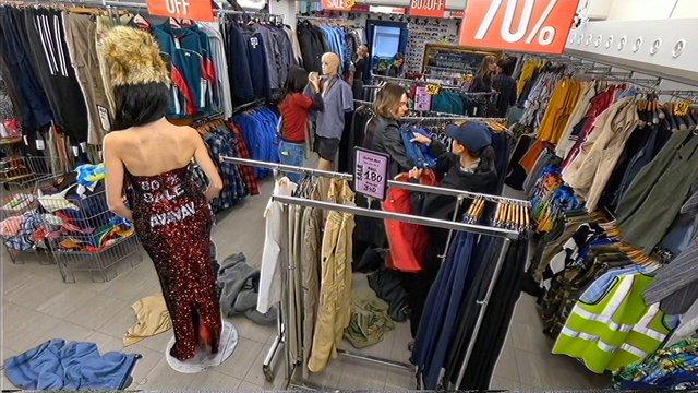 Video Reference: clothing store, retail, shopping, fashion, sale, discount, racks, jackets, pants, mannequin, shoppers, indoor, browse, apparel, store interior