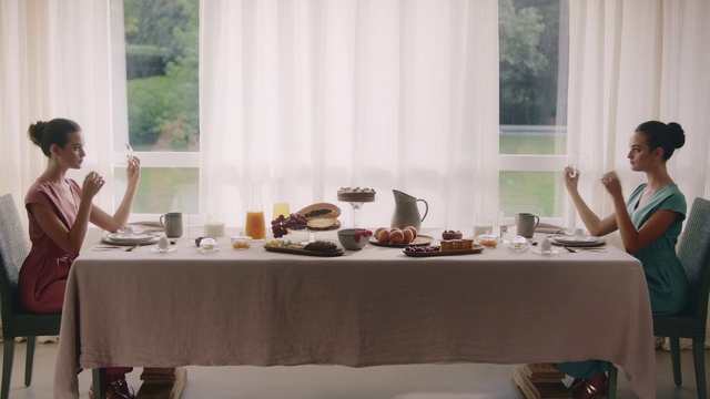 Video Reference: Food, Table, Window, Tableware, Textile, Interior design, Tablecloth, Style, Curtain, Event