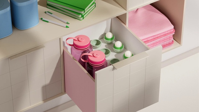 Video Reference: Tableware, Cabinetry, Drinkware, Shelving, Countertop, Pink, Material property, Kitchen appliance, Kitchen, Rectangle