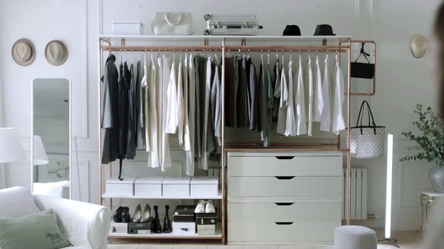 Video Reference: Cabinetry, Property, White, Product, Drawer, Shelving, Clothes hanger, Interior design, Chest of drawers, Grey