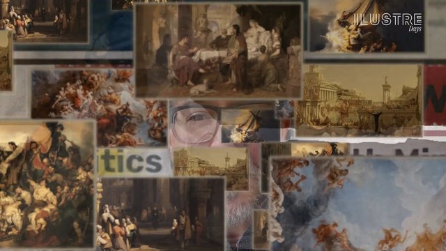 Video Reference: art, painting, collage, classical, museum, portrait, face, history, gallery, old masters, visual montage, logo, text, mixed media
