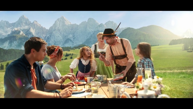 Video Reference: Mountain, Sky, Table, Tableware, Nature, Hat, Sharing, Sunglasses, Travel, Happy