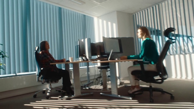 Video Reference: Computer, Office chair, Table, Personal computer, Furniture, Chair, Desk, Interior design, Building, Computer desk