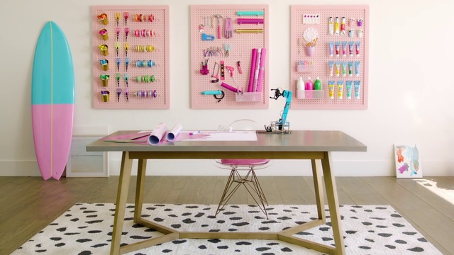 Video Reference: Table, Furniture, Interior design, Wheel, Yellow, Pink, Chair, Desk, Floor, Violet