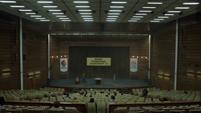 Video Reference: Furniture, Chair, Hall, Interior design, Lighting, Building, Event, Ceiling, Conference hall, Room