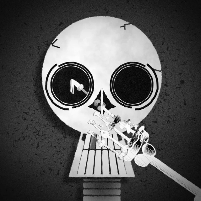 Video Reference: Bone, Headgear, Black-and-white, Font, Art, Skull, Audio equipment, Personal protective equipment, Eyewear, Snout