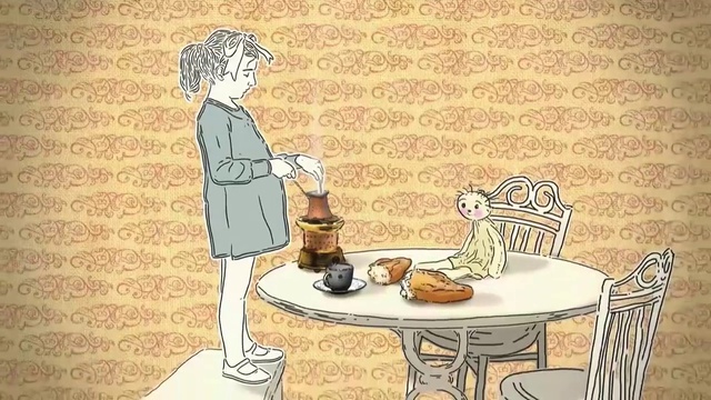 Video Reference: Tableware, Table, Furniture, Vertebrate, Human body, Textile, Interior design, Cartoon, Organism, Line