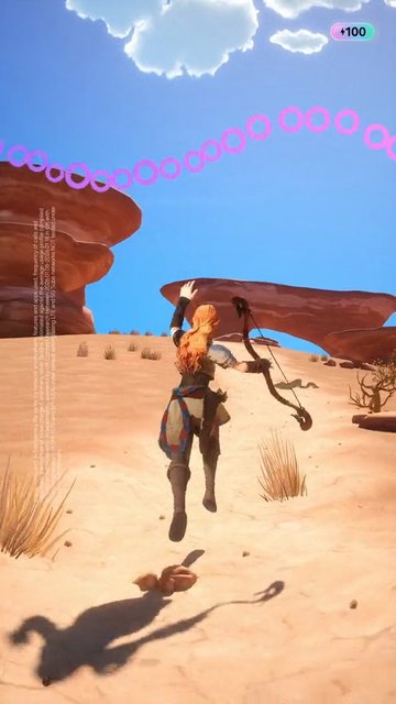 Video Reference: video game, desert, runner, third person, character, rock formations, sky, adventure, action, sandy terrain, outdoor, fantasy, HUD, gameplay