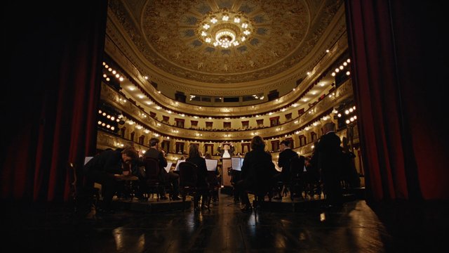 Video Reference: orchestra, theater, concert hall, classical music, stage, musicians, balcony, ornate interior, auditorium, performance, conductor, ceiling, lights, interior, live music