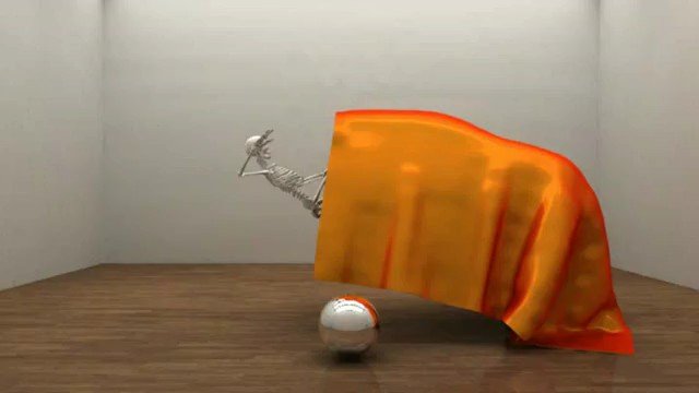 Video Reference: skeleton, cloth, orange, ball, wooden floor, minimal scene, studio setup, still life, mystery, abstract, 3d render, indoor, object covered, plain background