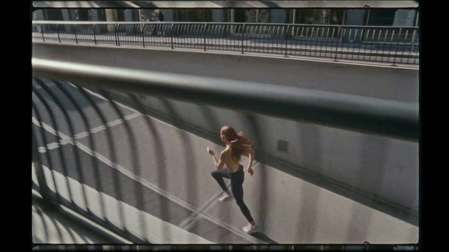 Video Reference: Infrastructure, Grey, Line, Metropolitan area, Fence, Road, City, Handrail, Metal, Pedestrian