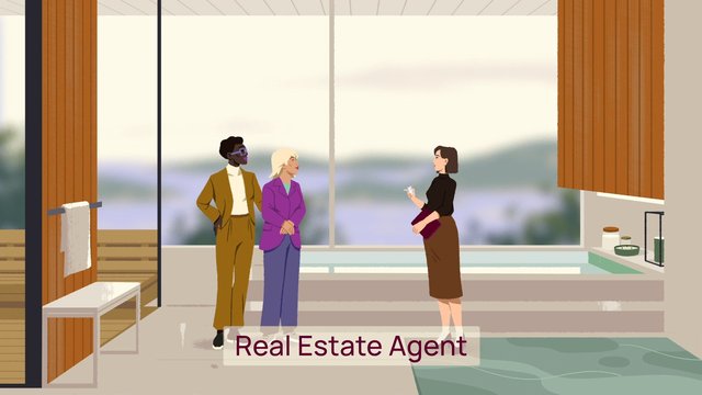 Video Reference: bathroom, interior, illustration, three people, conversation, bathtub, window, cabinet, towel, modern home, real estate, agent, indoor, large window, cartoon, meeting